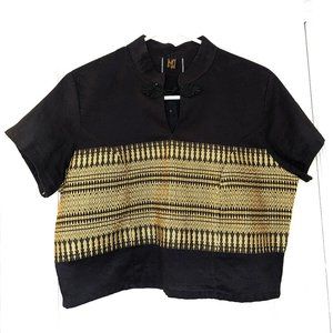 Ying Thai Silk Black & Metallic Gold Crop Top